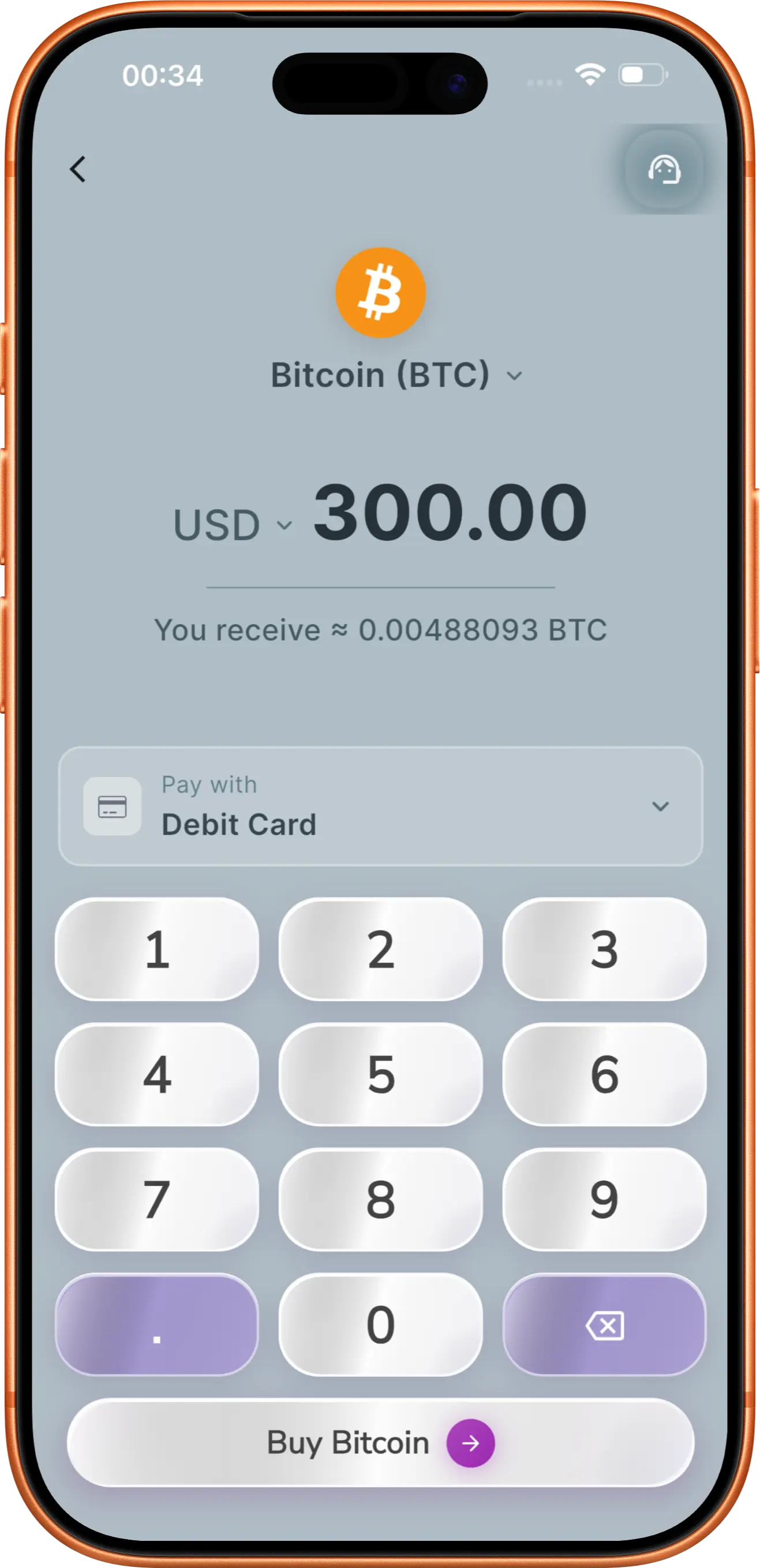 Buying Bitcoin with a debit card in the Shakesco app