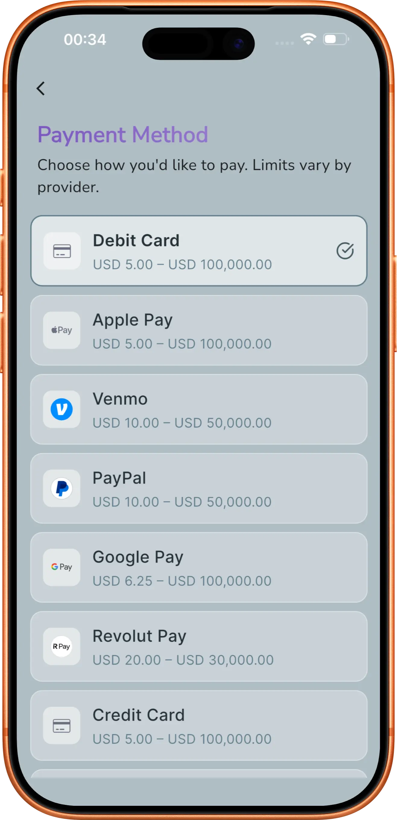 Choosing a payment method in the Shakesco app