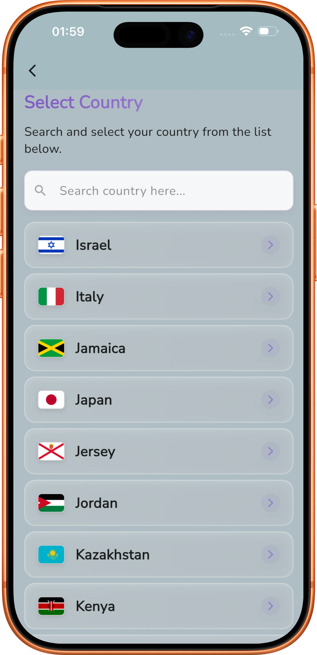 Selecting a country from Shakesco's supported list