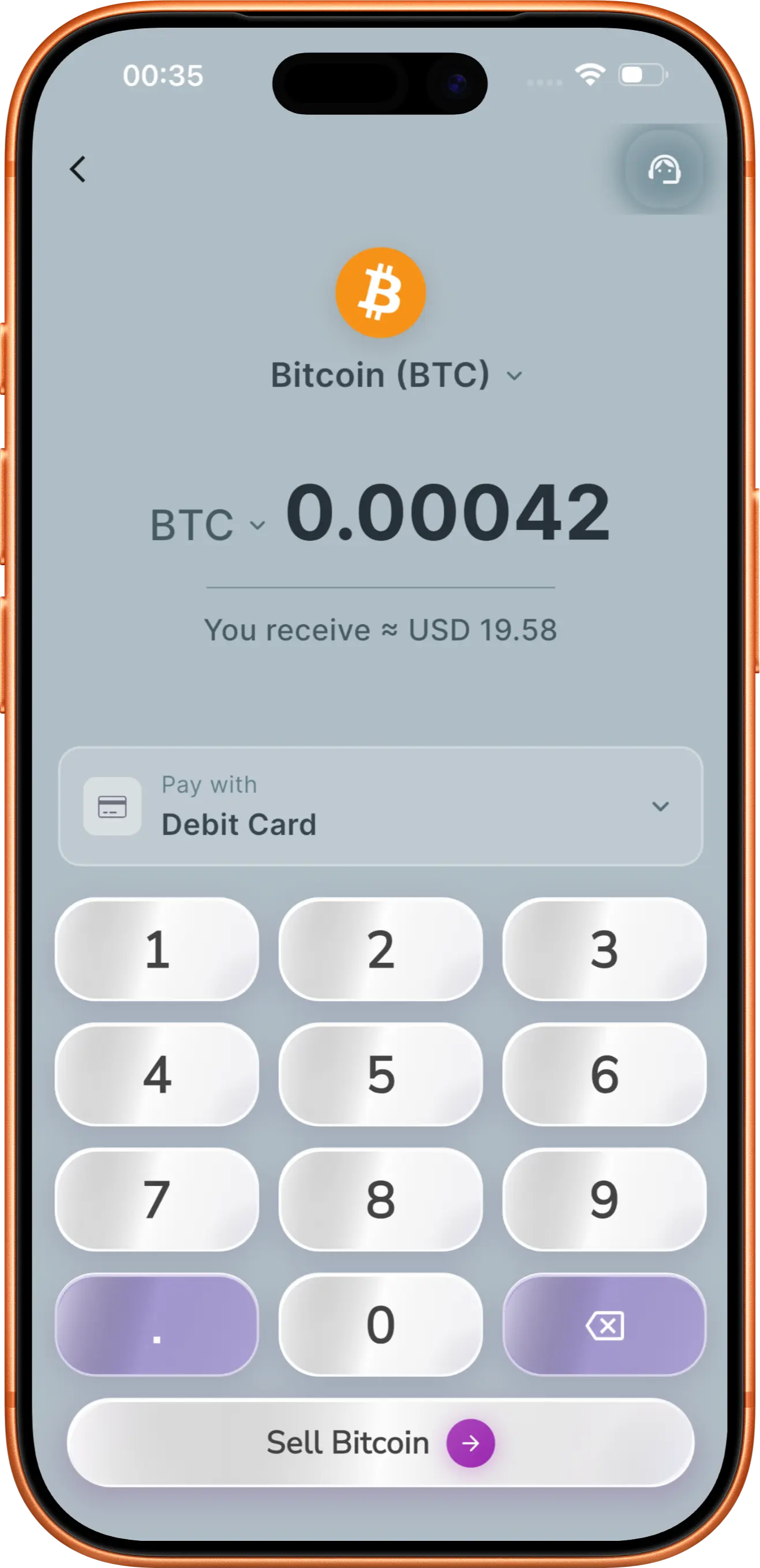 Entering an amount of Bitcoin to sell in the Shakesco app